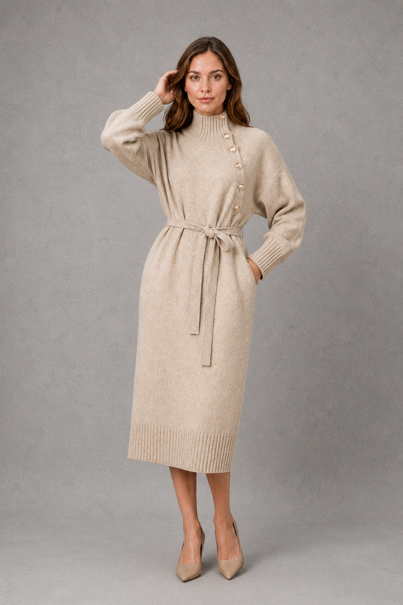 Women’s turtleneck knitted sweater dress with decorative button neckline, long sleeves and adjustable tie waist for autumn and winter.