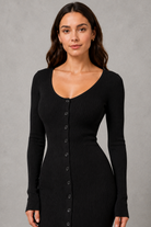 Women’s button front knitted midi dress with a slim-fit bodice, defined waist, princess sleeves and elegant A-line skirt.
