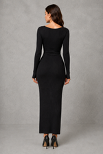 Women’s button front knitted midi dress with a slim-fit bodice, defined waist, princess sleeves and elegant A-line skirt.