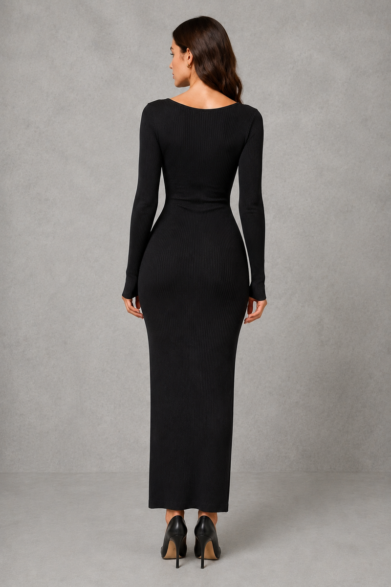 Women’s button front knitted midi dress with a slim-fit bodice, defined waist, princess sleeves and elegant A-line skirt.