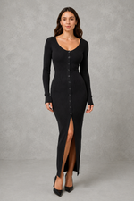 Women’s button front knitted midi dress with a slim-fit bodice, defined waist, princess sleeves and elegant A-line skirt.