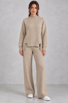Women's cable-knit loungewear set in Oatmeal – front view