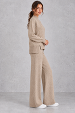 Women's cable-knit loungewear set in Oatmeal – side view