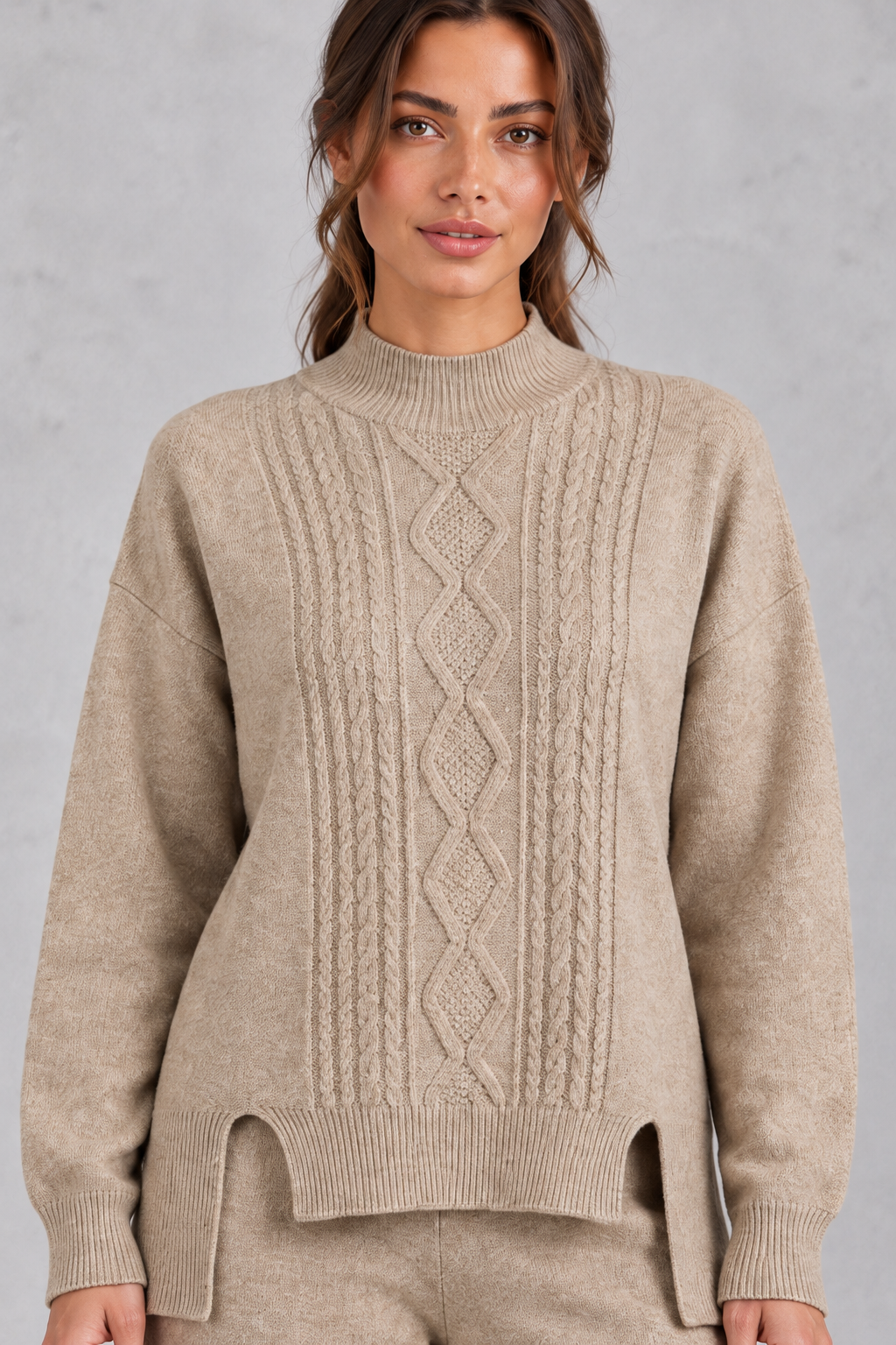 Women's cable-knit loungewear set in Oatmeal – cable-knit close-up view