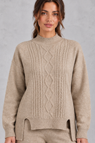 Women's cable-knit loungewear set in Oatmeal – cable-knit close-up view