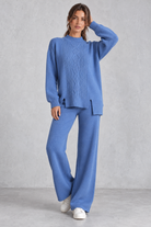 Women's cable-knit loungewear set in Blue – front view