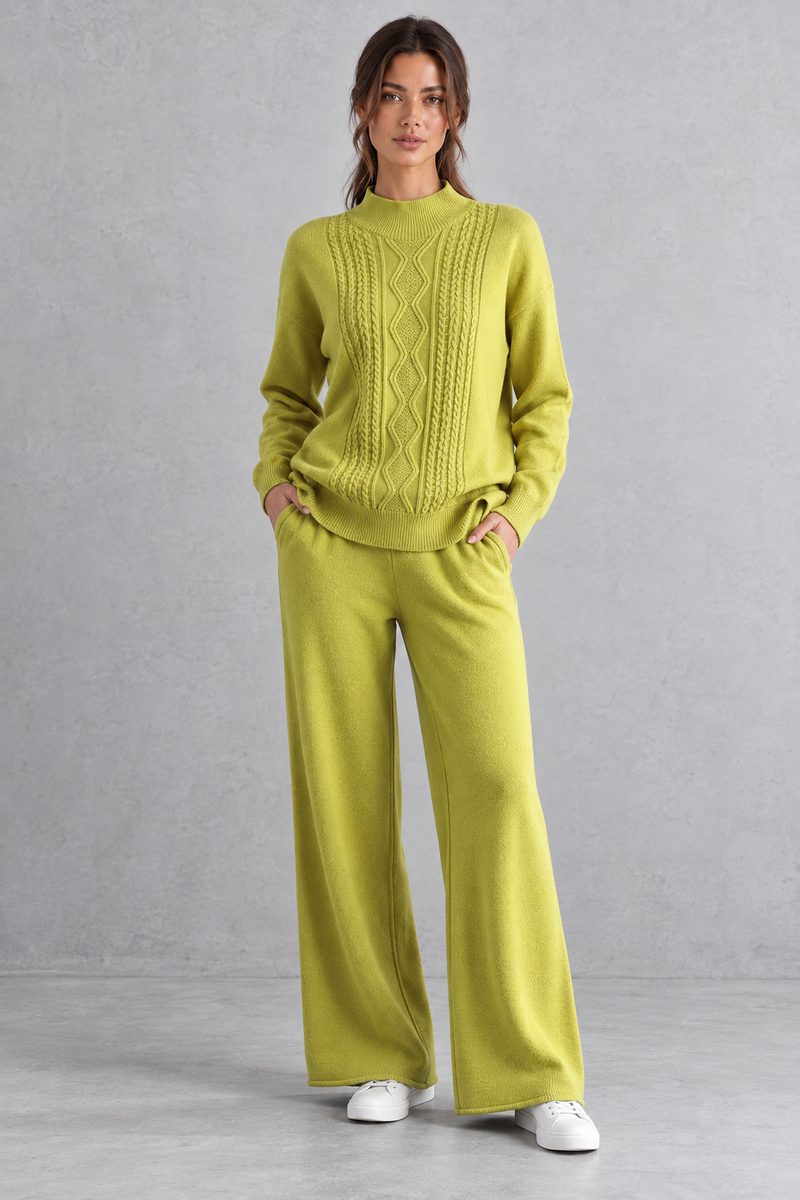 Women's cable-knit loungewear set in Lime – front view