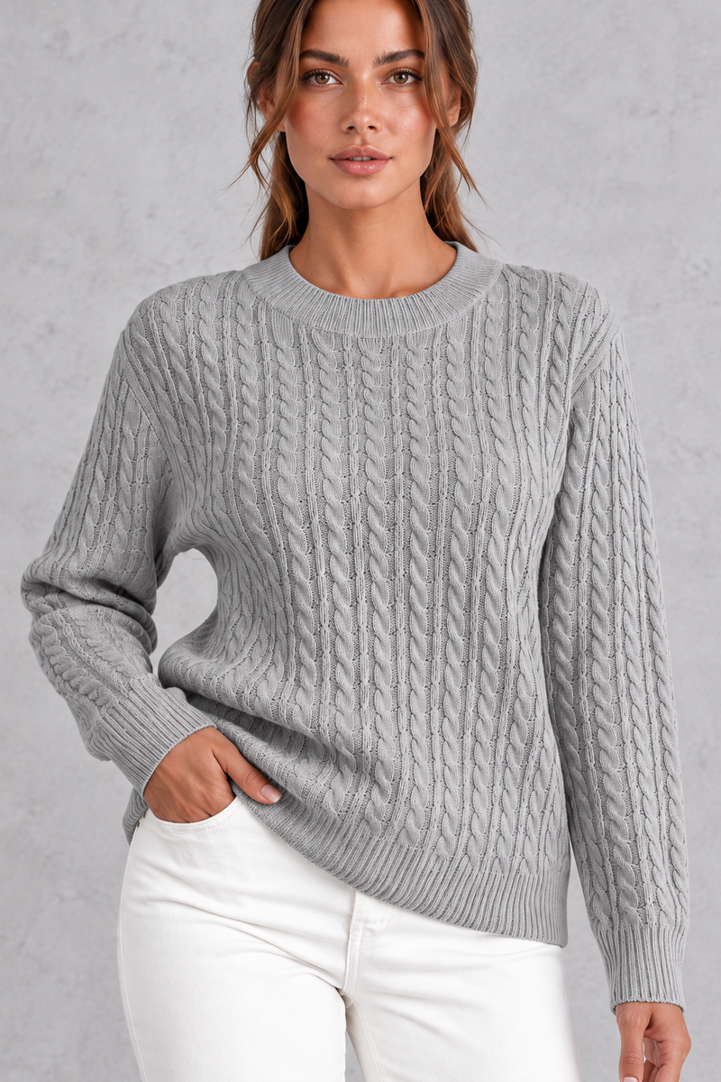 Women's cable-knit round-neck jumper in Grey – close-up view