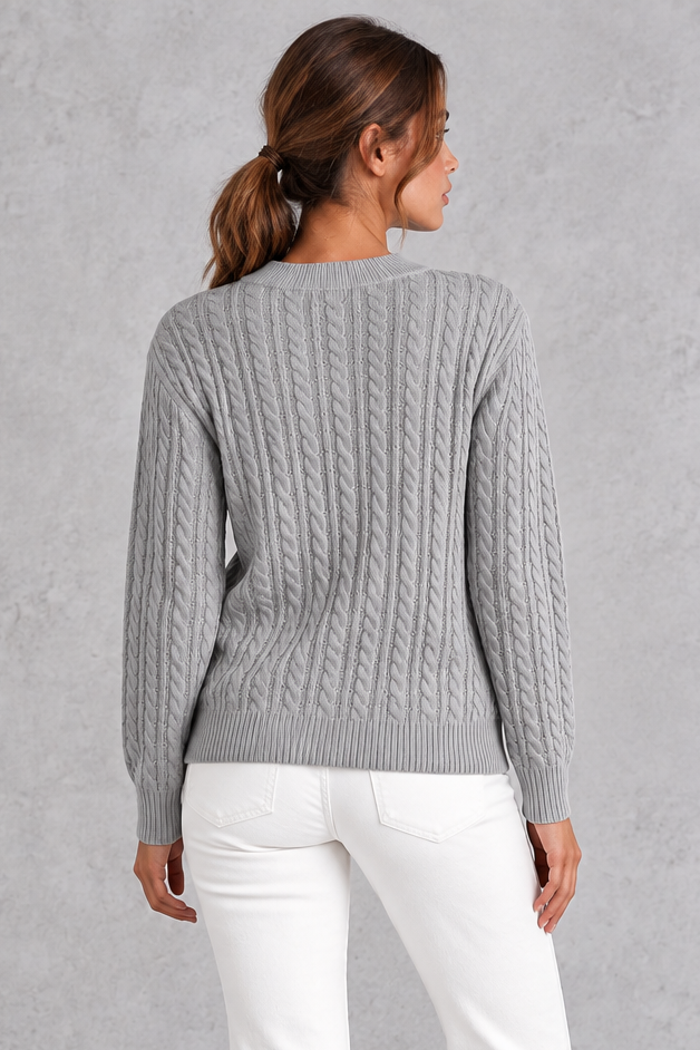 Women's cable-knit round-neck jumper in Grey – back view