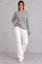 Women's cable-knit round-neck jumper in Grey – full-length view