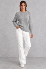 Women's cable-knit round-neck jumper in Grey – full-length view