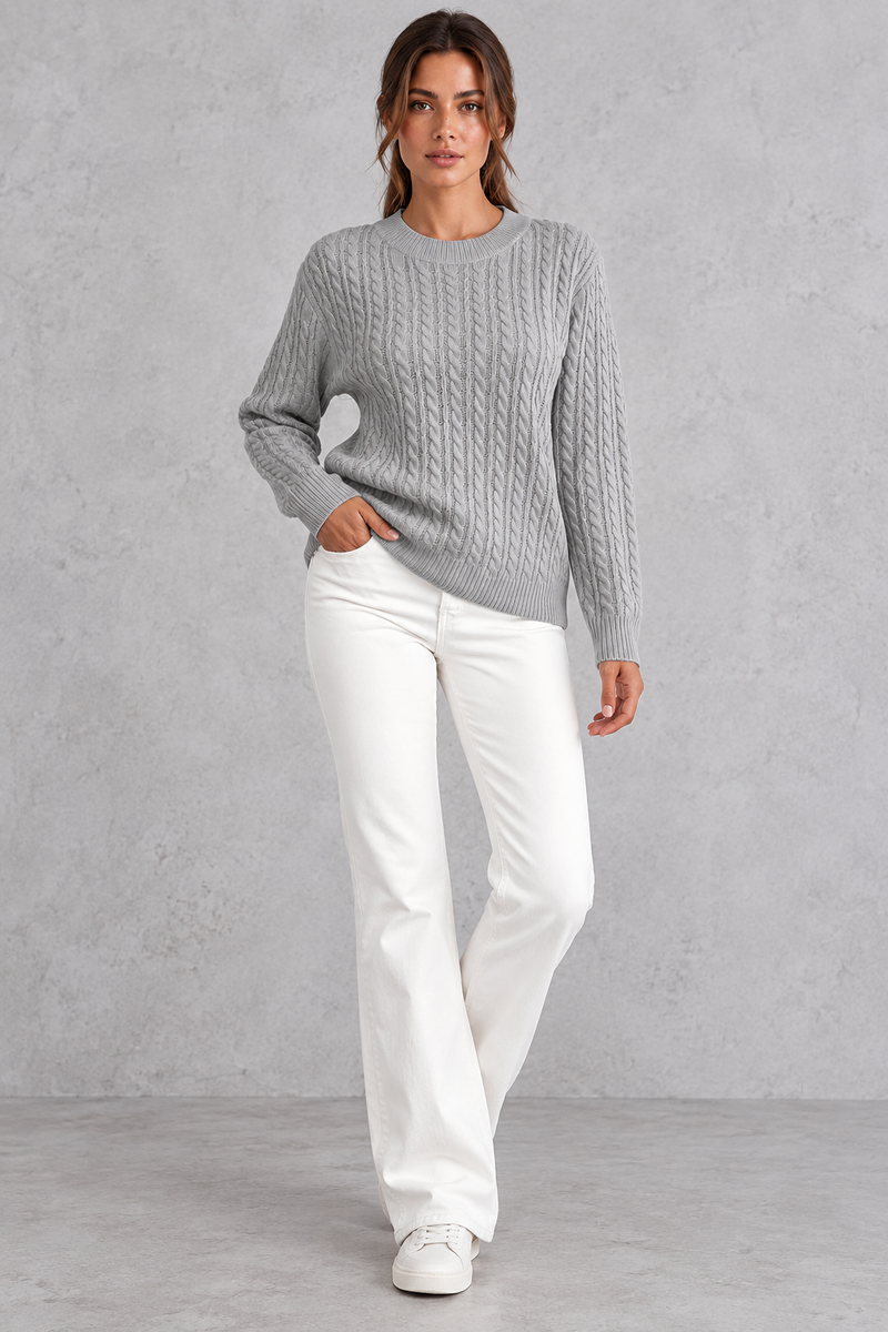 Women's cable-knit round-neck jumper in Grey – full-length view