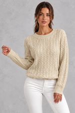 Women's cable-knit round-neck jumper in Oatmeal – front view
