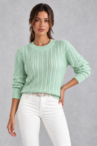 Women's cable-knit round-neck jumper in Mint Green – front view