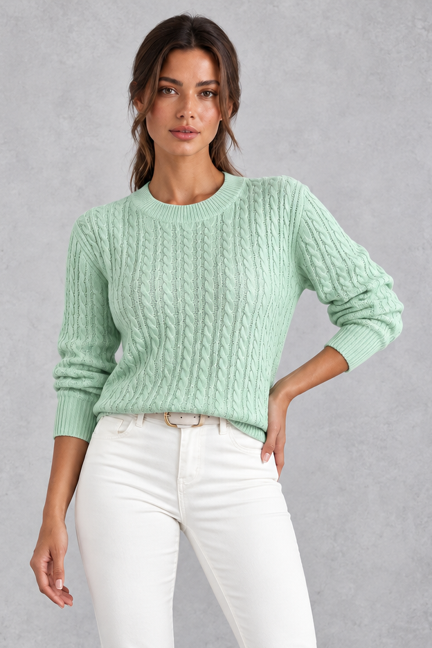 Women's cable-knit round-neck jumper in Mint Green – front view