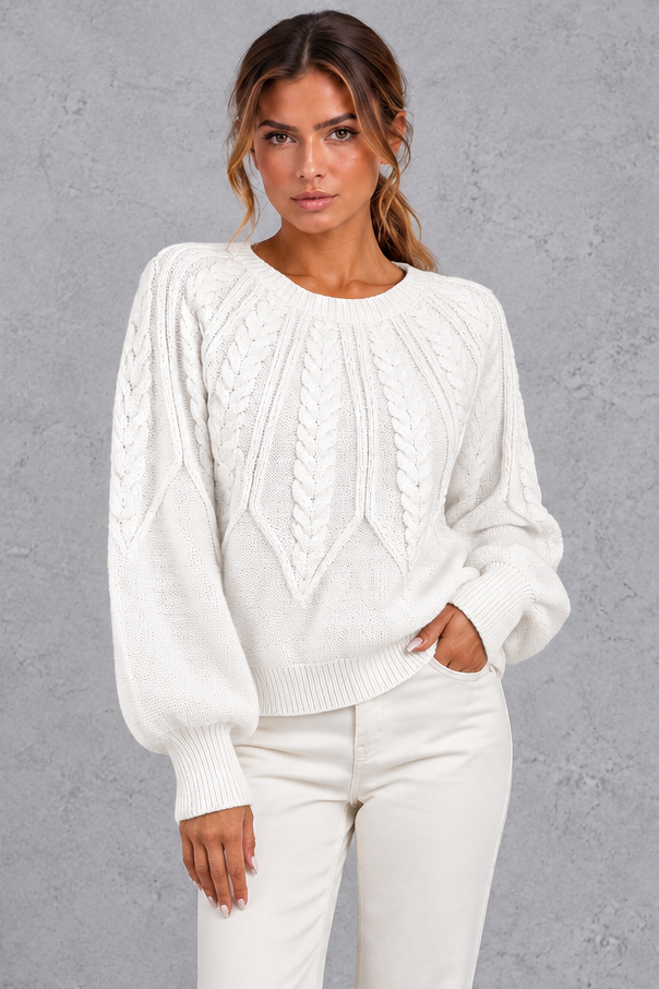 Women's cable-knit round-neck jumper in White – front view