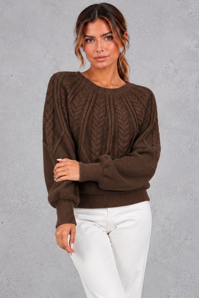 Women's cable-knit round-neck jumper in Chocolate Brown – front view