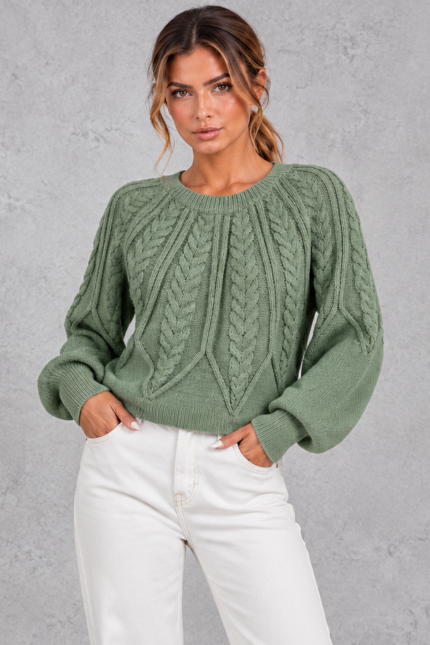 Women's cable-knit round-neck jumper in Sage Green – front view
