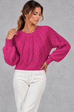 Women's cable-knit round-neck jumper in Fuchsia – front view