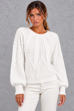 Women's cable-knit round-neck jumper in White – front close-up