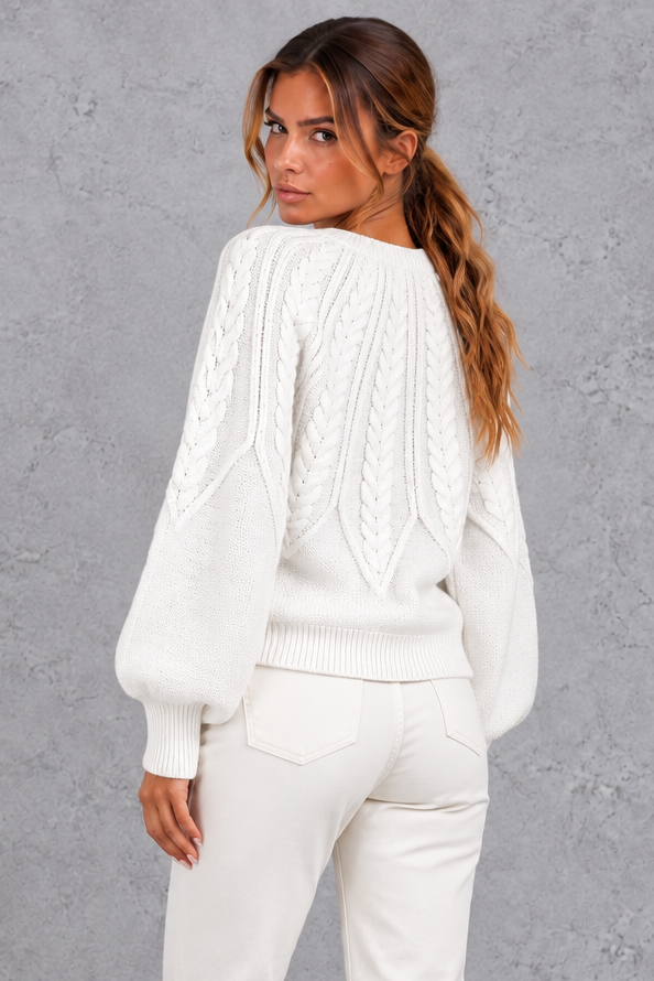 Women's cable-knit round-neck jumper in White – back view