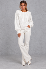 Women's cable-knit round-neck jumper in White – full-length view
