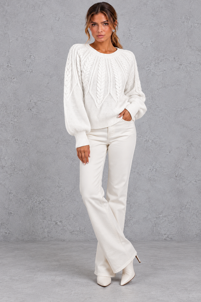 Women's cable-knit round-neck jumper in White – full-length view