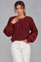 Women's cable-knit round-neck jumper in Burgundy – front view