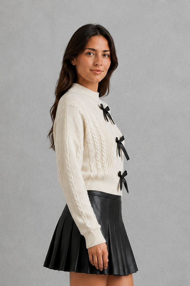 Women’s cable knit cardigan with feminine bow tie front, long sleeves and textured knitted design for autumn and winter layering.