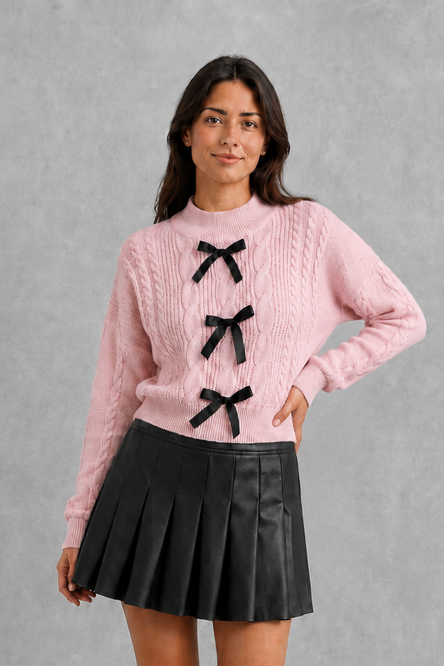 Women’s cable knit cardigan with feminine bow tie front, long sleeves and textured knitted design for autumn and winter layering.