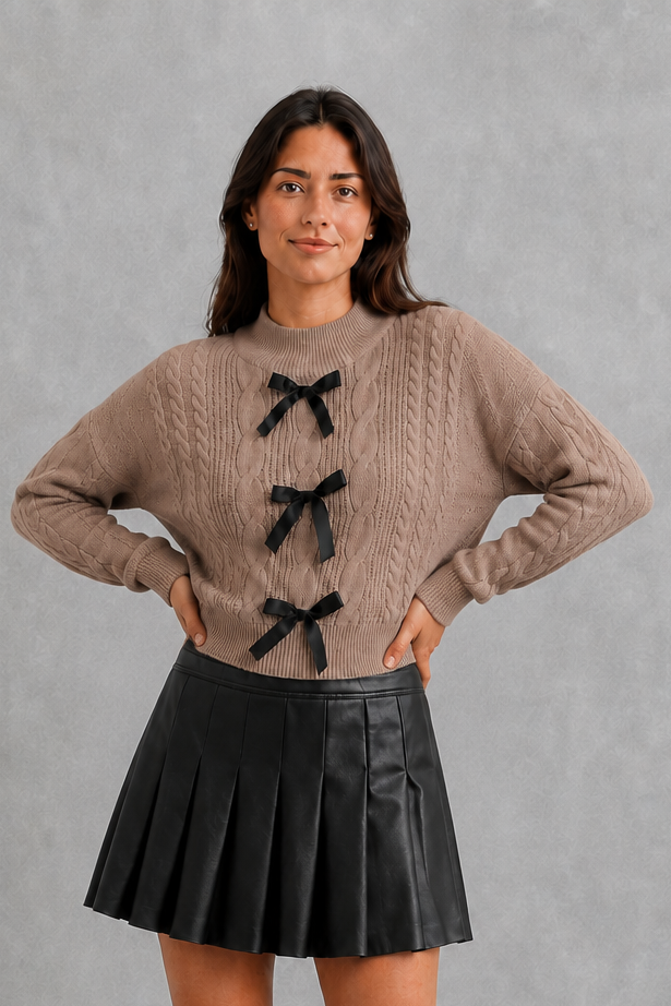 Women’s cable knit cardigan with feminine bow tie front, long sleeves and textured knitted design for autumn and winter layering.