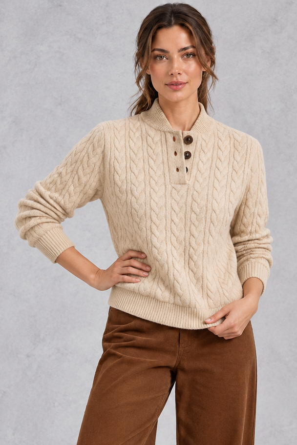 Women's khaki cable knit button neck jumper with henley collar – front view