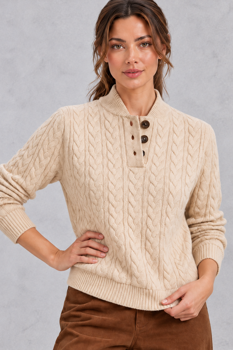 Women's khaki cable knit jumper – close-up of buttoned henley collar and cable pattern