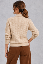 Women's khaki cable knit button neck jumper – back view