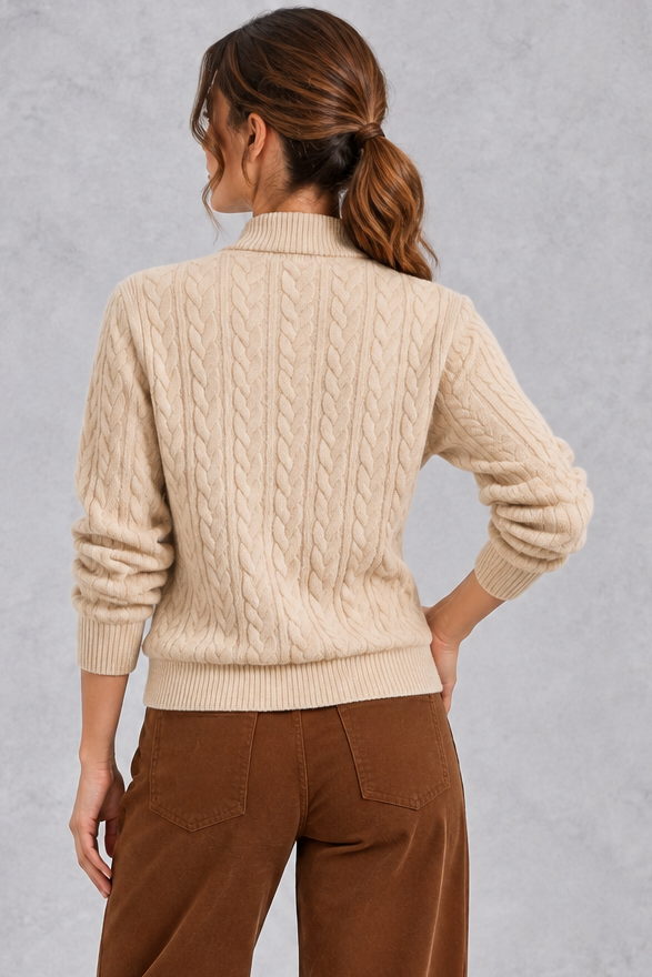 Women's khaki cable knit button neck jumper – back view
