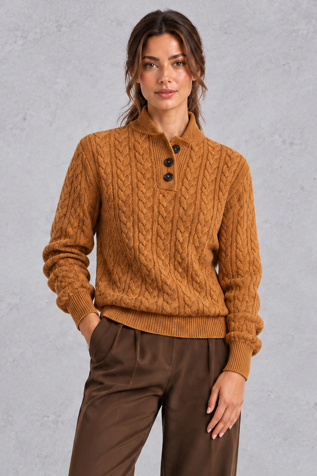 Women's brown cable knit button neck jumper – front view