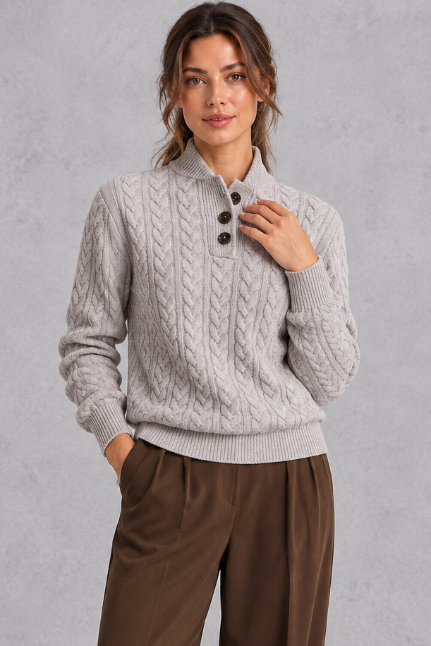 Women's grey cable knit button neck jumper – front view