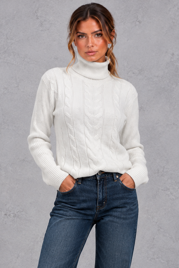 Women's cable knit roll neck jumper in White – front view