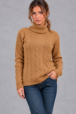 Women's cable knit roll neck jumper in Camel – front view