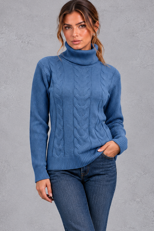 Women's cable knit roll neck jumper in Denim Blue – front view