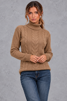 Women's cable knit roll neck jumper in Brown – front view