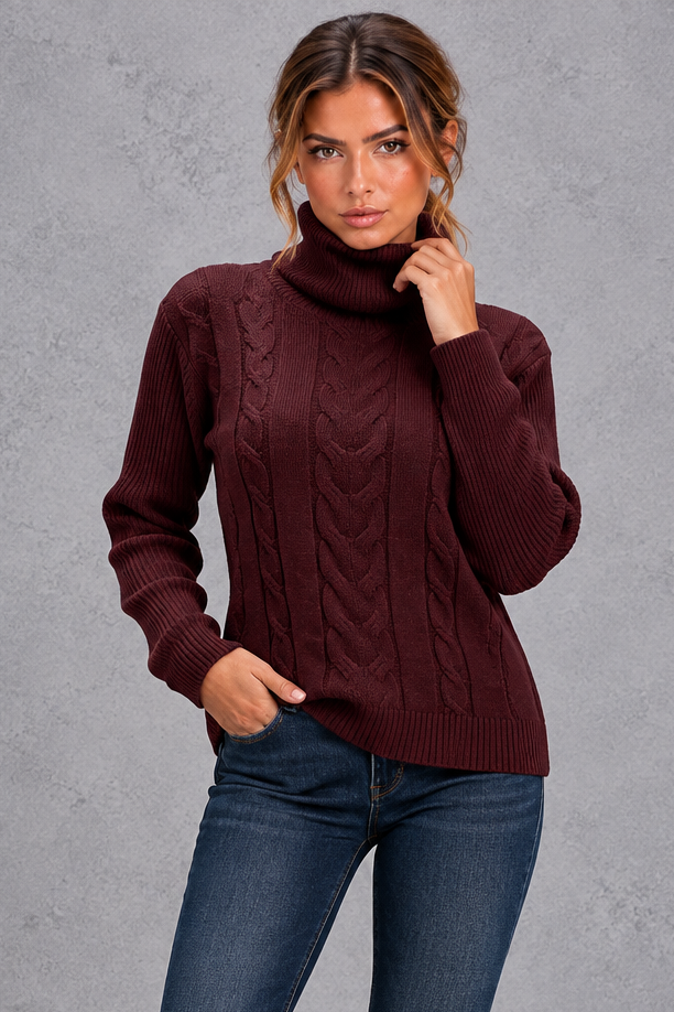 Women's cable knit roll neck jumper in Burgundy – front view