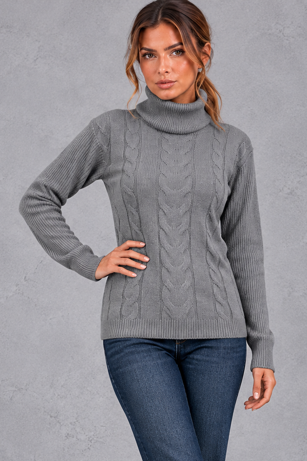 Women's cable knit roll neck jumper in Grey – front view