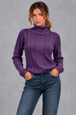 Women's cable knit roll neck jumper in Purple – front view
