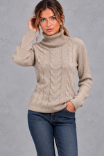 Women's cable knit roll neck jumper in Oatmeal – front view