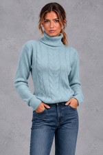Women's cable knit roll neck jumper in Light Blue – front view