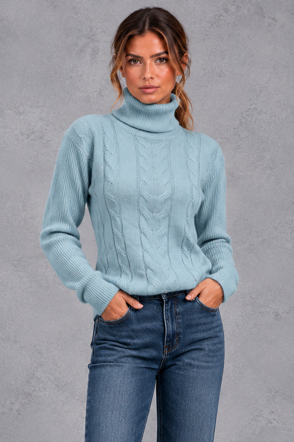 Women's cable knit roll neck jumper in Light Blue – front view