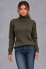 Women's cable knit roll neck jumper in Olive – front view