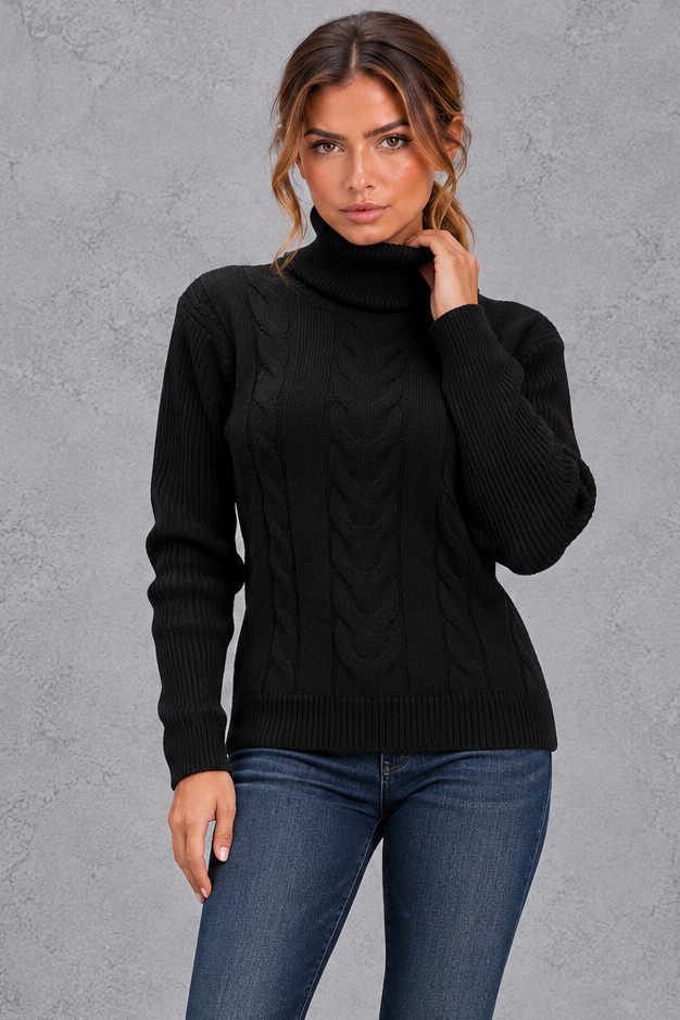 Women's cable knit roll neck jumper in Black – front view