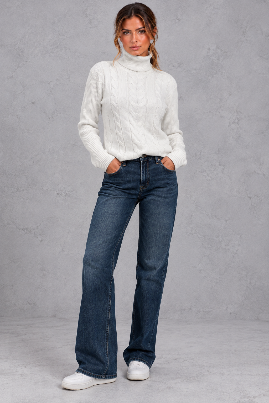Women's cable knit roll neck jumper in White – full-length view